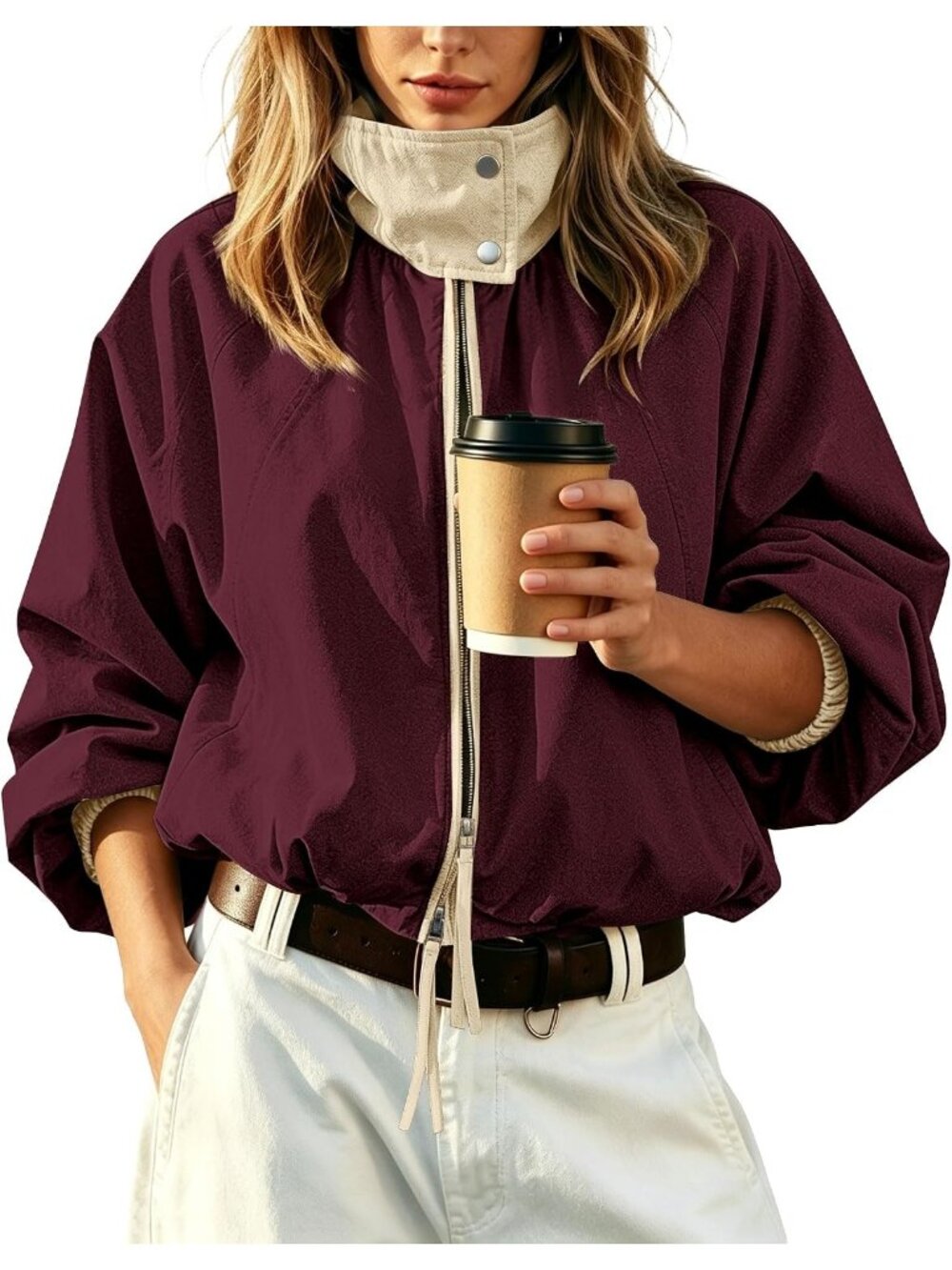Women’s Colorblock Red Puffer Collar Funnel Neck Zip Up Coat Bomber Jacket